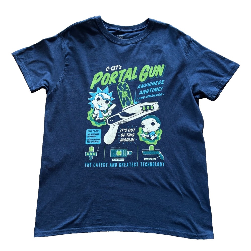 Funko Pop Tees Rick and Morty Portal Gun Navy Blue Graphic T-Shirt Mens‎ Large